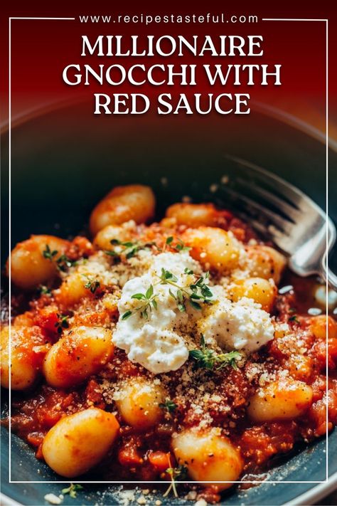 This decadent Millionaire Gnocchi features pillowy gnocchi coated in a rich red sauce made with Italian sausage (or a meatless alternative), creamy herbed ricotta, and golden crispies for added texture. It's a luxurious dish that balances savory, creamy, and crispy elements in every bite, perfect for a comforting meal or impressing guests at dinner. Gnocchi Recipes Sauce, Gnocchi Recipes Healthy, Gnocchi Sauce, Herbed Ricotta, Italian Gnocchi, Red Sauce Recipe, Italian Sausage Recipes, Potato Pasta, Sicilian Recipes