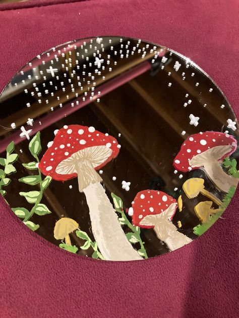 A mirror that has mushrooms on it✨ Mushroom Painting Mirror, Mushroom Painting On Mirror, Mushroom Painted Mirror, Indie Mirror Painting, Mushroom Mirror Painting, Mirror Painting Mushrooms, Drawing On A Mirror, Mushroom Record Painting, Mirror Painting Easy