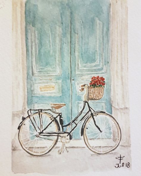 Bicycle Watercolor Painting, Watercolour Bicycle, Bicycle Doodle, Watercolor Bicycle, Watercolor Bike, Bicycle Drawing, Bicycle Art Print, Watercolor Pencil Art, Loose Watercolor Paintings