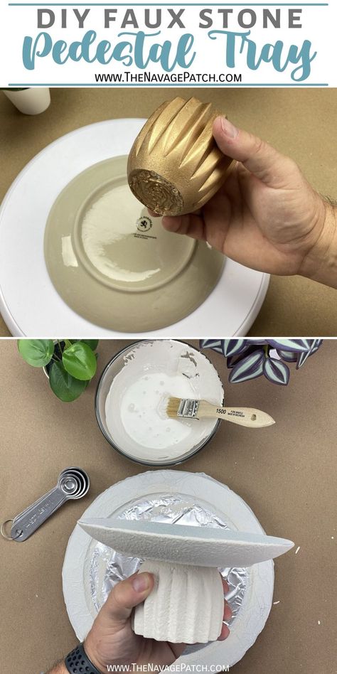 Plate Candle Holder Diy, Pedestal Tray Diy, Diy Pedestal Candle Holders, Dollar Store Furniture Diy, Candle Pedestal Ideas, Diy Pedestal Vase, Diy Pedestal Tray, Pedestal Bowl Diy, Dollar Tree Upcycle