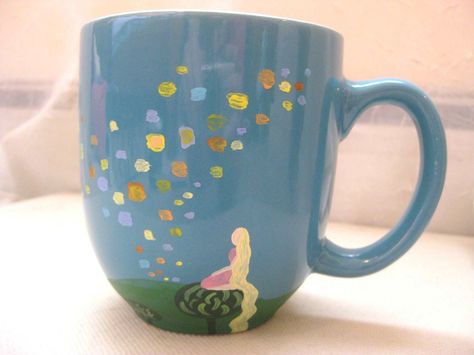 Tangled mug Disney Mugs Diy, Disney Pottery Painting, Color Me Mine Mug Ideas, Fun Pottery Painting Ideas, Tangled Floating Lanterns, Disney Pottery, Diy Pottery Painting, Floating Lanterns, Color Me Mine