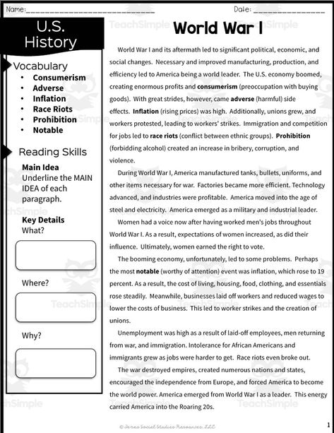 This resource is a World War I Reading Packet.This is a great no prep resource that all you have to do is print and go!Students will love learning history as they read an informative passage and apply vocabulary terms.Worksheets included such as multiple-choice questions and graphic organizers will allow them to show what they know.These work well for social studies or reading instruction.Answer keys included. Social Studies Vocabulary, Learning History, 5th Grade Activities, Fall Worksheets, Ela Worksheets, History Worksheets, 4th Grade Social Studies, Argumentative Writing, 5th Grade Social Studies