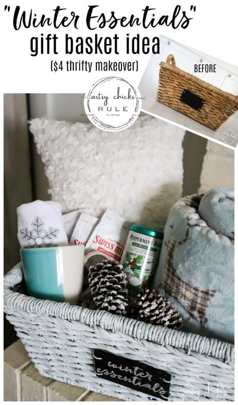 $4 Winter Basket Makeover (pillow holder, cozy throw keeper or gift idea!) - Artsy Chicks Rule® Diy Blanket Gift Basket, Raffle Basket With Blanket, Cozy Blanket Gift Basket, Christmas Blanket Gift Basket, Throw Blanket Gift Basket Ideas, Blanket Basket Ideas, Winter Gift Basket Ideas, Gift Basket With Blanket, Blanket Gift Basket