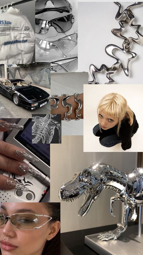 Chrome Jewelry Aesthetic, Futuristic Theme, Moodboard Collage, Space Theme Party, Board Inspiration, Archive Fashion, Space Party, Mood Board Inspiration, Metal Fashion