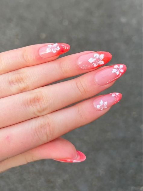 Summer Nails 2023 Hibiscus, Summer Acrylic Nails With Flowers, Almond Nails Hawaii Flowers, Haiwan Flower Nails, Hibiscus Flower Nails White French Tip, French Hawaiian Nails, Cute Nails Acrylic Summer Pink, Summer Flower Nails 2023, Summer Acrylic Nails Hibiscus