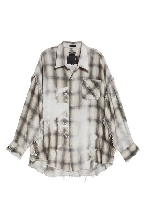 Shredded seams and frayed trim bring the label's signature rebellious edge to an oversized cotton-gauze shirt with a digitally printed bleached-plaid effect. 33" length (size medium) Front button closure Spread collar Long sleeves with button cuffs Chest patch pocket Dropped shoulders Curved hem 100% cotton Machine wash, line dry Made in Italy Designer Clothing Cotton Gauze Shirt, Gauze Shirt, Concept Clothing, Grey Plaid, Women Life, Check Shirt, Relaxed Style, Plaid Shirt, Patch Pocket