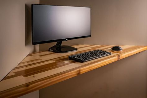 Floating Pine and Cedar Corner Desk Diy L Shaped Desk, Floating Corner Desk, Diy Corner Desk, Reclaimed Wood Beds, Cool Shelves, Pine Desk, Reclaimed Wood Console Table, Statement Light Fixture, Floating Corner Shelves