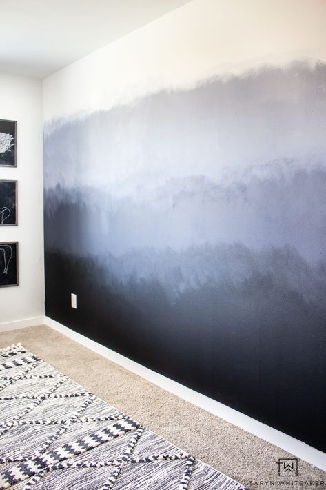 Learn how to create this DIY Painted Ombre Wall with a dark moody look! A great inexpensive accent wall idea. Ombre Feature Wall, Ombre Accent Wall Living Room, Forest Feature Wall, Ombre Painted Walls Diy, Clouds Wall Painting, Painting One Wall A Different Color, Diy Painted Wall Art, Ombré Wall Paint, Cloud Wall Painting