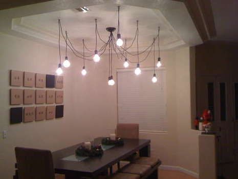 Hemma cords "chandelier" hack. I like the idea but would do something more with it... Stairwell Chandelier, Edison Chandelier, Custom Chandelier, Edison Lighting, Industrial Chandelier, Best Ikea, Diy Chandelier, Diy Furniture Projects, Ikea Hacks