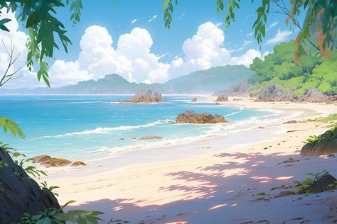 Free Photo | Cartoon style summer scene with beach Anime Beach Scene, Anime Beach, Beach Cartoon, Ocean Illustration, Scene Drawing, Beach Illustration, Summer Scenes, Beach Background, Drawing Inspo