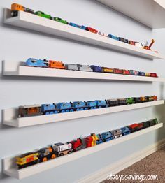 Got too many toy cars and matchbox cars? Check out these 11 genius hot wheels display ideas - they double as storage and organization but they are also beautiful as playroom decor! Toy Train Storage, Train Storage, Train Bedroom, Reading Nook Closet, Toy Trains Storage, Hot Wheels Storage, Toy Car Storage, Gray Room, Hot Wheels Display