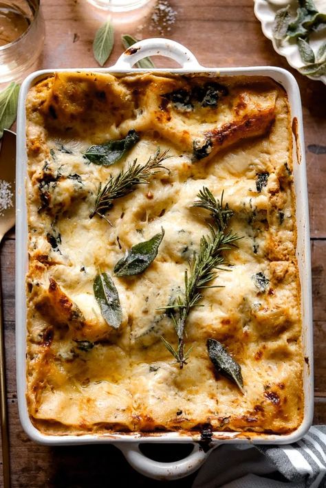 pumpkin sage white lasagna – The Foul-Mouth Gourmet Pumpkin Bechamel Lasagna, Pumpkin Lasagna Roll Ups, Thanksgiving Lasagna, Fall Lasagna, Squash Dishes, Mushroom Pasta Bake, Pumpkin Ricotta, White Lasagna, Pumpkin Lasagna