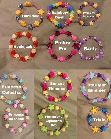 I made MLP themed pony bead bracelets Bead Bracelets Pony Beads, Pony Beaded Bracelet Ideas, Random Bead Bracelet, Mlp Bead Patterns, Beaded Bracelets Ideas Pony Beads, My Little Pony Bracelet, Kiki And Lala Bracelets, Bracelets Pony Beads Ideas, Diy Pony Bead Bracelets