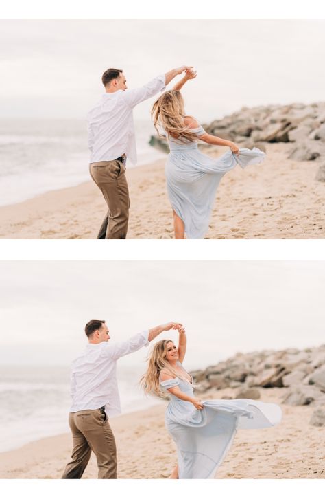 Light Blue Dress Engagement Photos, Light Blue Engagement Photos, Fort Fisher Engagement Photos, Winter Beach Engagement Photos Outfits, Cottage Core Engagement Photos, Nc Engagement Photos, Light Blue Maxi Dress, Wilmington Nc Wedding, Engagement Pictures Beach