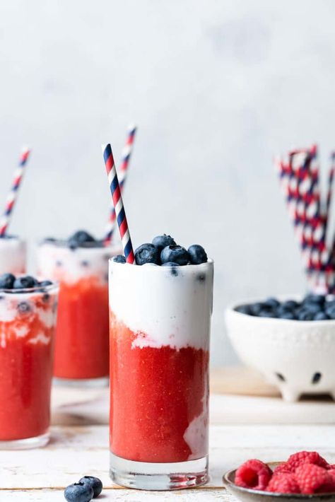 Red White and Blue Berry Coconut Slushies are a healthy way to cool off on the 4th of July! I leave it up to you to add booze to make it more festive! Fourth of July drinks // red white and blue slushies // coconut slushies #beverage #fourthofjuly #kitchenconfidante Fourth Of July Drinks, 4th Of July Cocktails, Slushie Recipe, Blue Berry, Fourth Of July Food, Frozen Strawberries, Slushies, Frozen Treats, Frappe