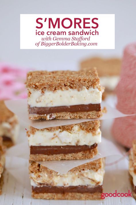 S'mores Ice Cream Sandwich by Gemma Stafford - GoodCook GoodCook Smores Ice Cream Sandwich, Whoopi Pies, Frozen Smores, Gemma Stafford, Smores Ice Cream, Dessert Sandwich, Ice Cream Sandwiches Recipe, Ice Cream Sandwich Cake, Ice Cream Cakes