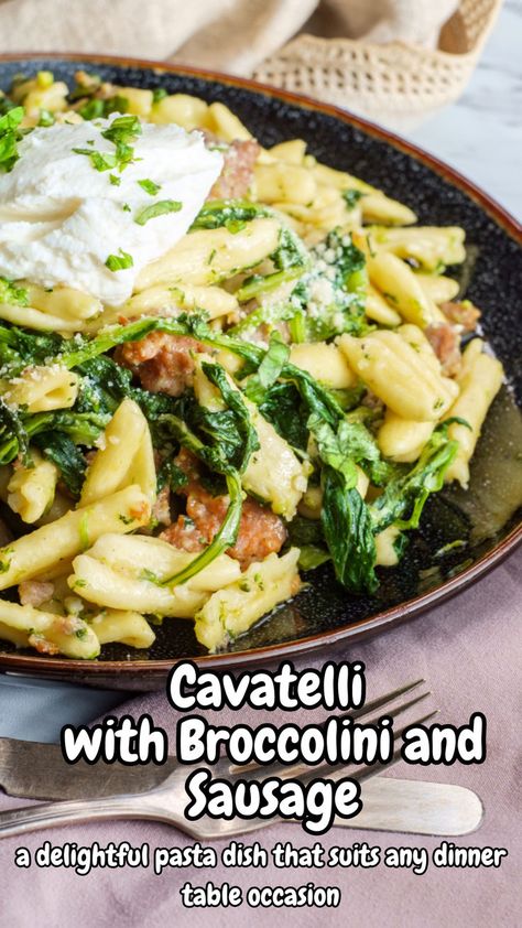 Savor the flavors of Cavatelli with Broccolini and Sausage—a perfect Italian pasta dish! Easy to make, this recipe combines tender cavatelli, vibrant broccolini, and savory sausage for a hearty meal. Ideal for weeknight dinners or special occasions! #ItalianPasta #EasyDinner #CavatelliRecipe Homemade Cavatelli, Cavatelli And Broccoli, Italian Herb Chicken, Cavatelli Recipe, Roast Frozen Broccoli, Cannellini Beans Recipes, Sausage Dishes, Italian Pasta Dishes, Wheat Pasta