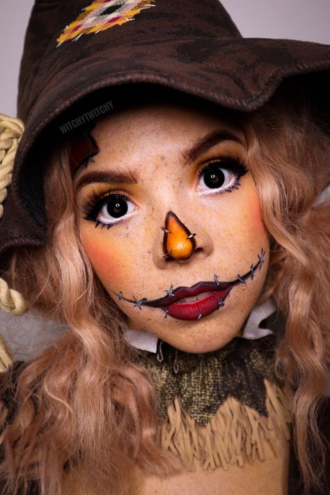 Dark Scarecrow Makeup, Cute Scarecrow Makeup For Kids, Pumpkin Scarecrow Makeup, Scarecrow Halloween Makeup Cute, Sam Halloween Makeup, Scare Crow Make Up For Women, Female Scarecrow Costume, Scarecrow Hair Ideas, Adult Scarecrow Costume Diy