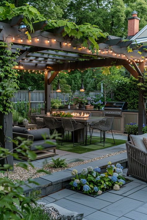 Create Your Dream Outdoor Oasis: Luxurious Seating & Alfresco Dining Under Twinkling Lights Pergola With Dining Table, Pergola Ideas Fire Pit, Outdoor Kitchen Pergola Ideas, Pergola Dining Area, Cozy Pergola, Creek Backyard, Dining Pergola, Gray Pavers, Craftsman Backyard