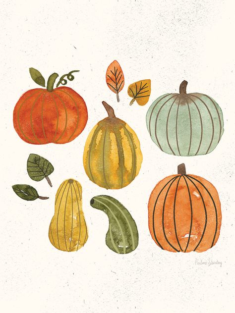 We print Pumpkins + Gourds by Pauline Stanley on a bright white canvas using a printing process that covers the entirety of the canvas to ensure the most accurate depiction of the artist’s original work. Expert crafters strive to make each canvas art print the unique masterpiece your home deserves. Our framed wall art is hand-crafted and made to order to give a high quality and professional appearance. Each canvas print has preinstalled D-rings attached to the back of the product to make hanging Fall Pumpkin Painting Party, Fall Prints Aesthetic, Painting Of Pumpkins, Painted Pumpkins On Wood, Fall Art Print, Fall Water Coloring Ideas Easy, Fall Abstract Art, Fall Aesthetic Art, Pumpkin Illustration Autumn