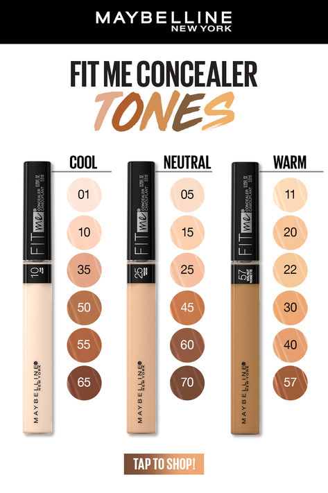 Finding the right shade can be challenging, but this guide will help you determine if you're a cool, neutral, or warm tone. Whether you want to brighten, correct, or contour, there's a Fit Me Concealer shade for every skin tone. 🌟✨ Maybelline Fit Me Concealer Shades, Maybelline Fitme Concealer, How To Know Your Concealer Shade, What Concealer Shade To Use, Concealer Shade Guide, Cool Tone Contour Products, Fit Me Concealer Swatches, How To Find Your Concealer Shade, Makeup For Neutral Skin Tone