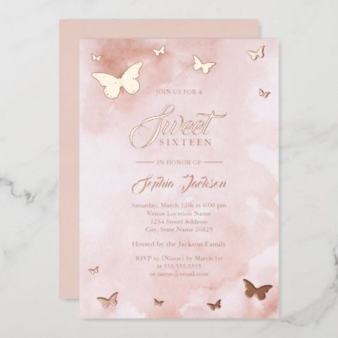 $3.95 | ROSE GOLD FOIL Pink Butterfly Sweet 16 Party - real foil, foil, watercolor, rose gold, pink, rose gold sweet 16, sweet 16, sweet sixteen, sweet 16 party, blush Pink Butterfly Sweet 16, Quinceñera Invitations, Butterfly Sweet 16, Rose Gold Quinceanera, Sweet 16 Party Invitations, Quinceanera Pink, Pink Sweet 16, Pink Quince, Quince Invitations