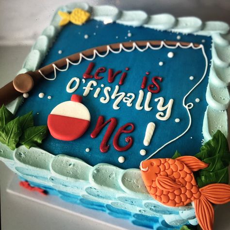 Ofishally One Sheet Cake, Fisherman 1st Birthday, Fishing Themed One Year Birthday, Lake 1st Birthday Party, 2nd Birthday Boy Fishing Theme, Fish Second Birthday Party, O Fish Ally One Birthday Food Ideas, Fishing Theme 2nd Birthday Party, Ofishally Four Birthday Cake