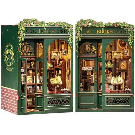 PRICES MAY VARY. 【Book Nook Kit - OWL BOOKSTORE】OWL BOOKSTORE DIY Book Nook Kits Blending British style with Renaissance art elements, the bookstore skillfully presents the essence of the two eras through exquisite decorations and unique displays. Entering the bookstore, it is as if you have crossed the time and space and are in that glorious era full of art and wisdom. 【Fun and Beginner-friendly DIY Project】This miniature house book nook Kit comes with parts and needs to be assembled, not a fin Diy Miniature House, Miniature Bookshelf, Diy Book Nook, Book Nook Kit, Room Box Miniatures, 3d Wooden Puzzle, Mini Library, Dollhouse Books, Little Library