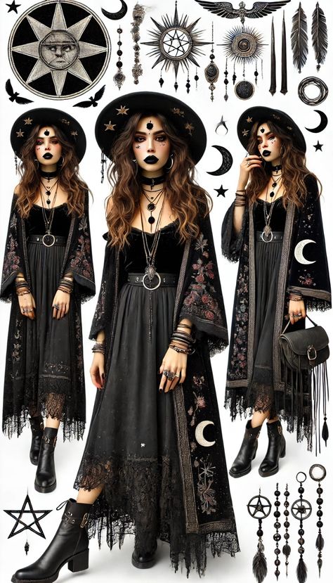 Witchy Outfits Halloween, Tomboy Witch Outfit, Boho Halloween Outfit, Romantic Witchy Outfits, Salem Witch Outfit Aesthetic, Witch Aesthetic Fashion Plus Size, Modern Witch Outfit Halloween, Space Witch Aesthetic Outfit, Witch Fashion Aesthetic Modern