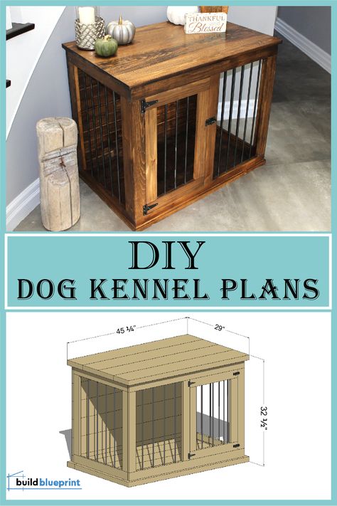 free large wooden dog kennel diy plans with material list and dimensions Easy Dog Crate Diy, Dog Cage Indoor Ideas, Kennel Diy Indoor, Furniture Dog Crate Plans, Dog Kennel Side Table Diy, Free Dog Crate Plans, Wooden Dog Kennels Diy, Diy Custom Dog Kennel, Wood Kennels For Dogs