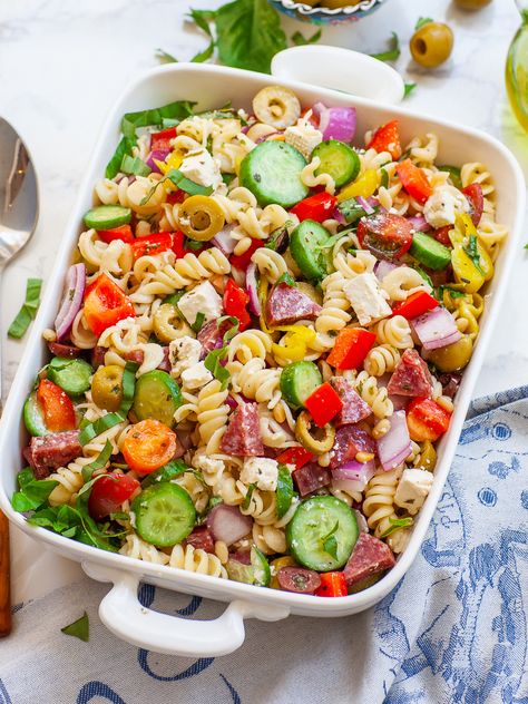 Ultimate Italian Pasta Salad (video) - Tatyanas Everyday Food Pasta Salad Dinner, Noodle Salads, Sicilian Pasta, Easy Italian Pasta Salad, Dinner Videos, Juicy Pork Tenderloin, Italian Pasta Salad, Best Pasta Salad, Salad Recipes Video