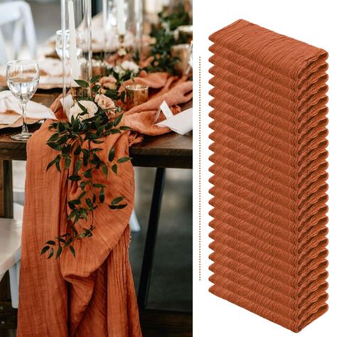 PRICES MAY VARY. 👑【Product Included】: You will receive 24 pcs terracotta cheesecloth gauze table runners. Product size: 35 inches wide and 120 inches long, suitable for round or square tables that can accommodate 8-10 people. Perfect for romantic and elegant party events. 👑【Premium Material】: 100% natural cheesecloth fabric. Soft to the touch, durable and reusable, the edge of the table runner is locked with delicate stitching, not easy to fall off, and full of beauty. Cheesecloth gauze table Diy Cheesecloth Table Runner, Fall Gala Decorations, Simple Fall Wedding Table, Table Runner Decor Ideas, Terracotta Cheesecloth Table Runner, Terracotta Rust Wedding, Wedding Centerpieces Boho, Terracotta Table Runner, Table Decor For Wedding