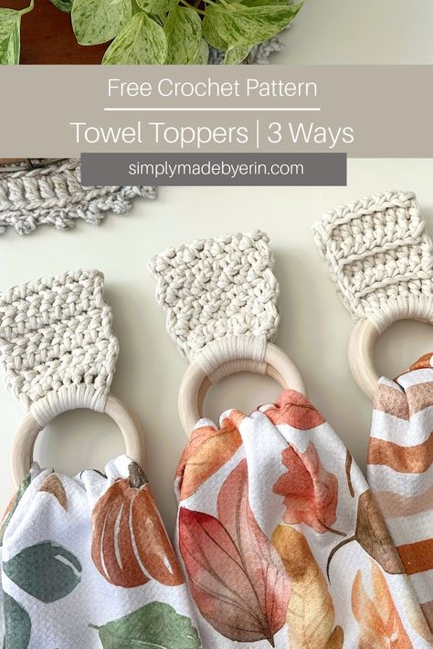 three crochet towel holders displayed on a table with fall inspired towels Crocheted Hand Towels Free Pattern, Crochet Boho Decor Ideas, Kitchen Towel Hangers, Kitchen Towel Topper Crochet, Crochet Towel Holders Kitchen Towels, Easy Crochet Projects Free Simple, Super Fast Crochet Projects, Crochet Kitchen Towel Holder Pattern, Crocheted Kitchen Towel Holders