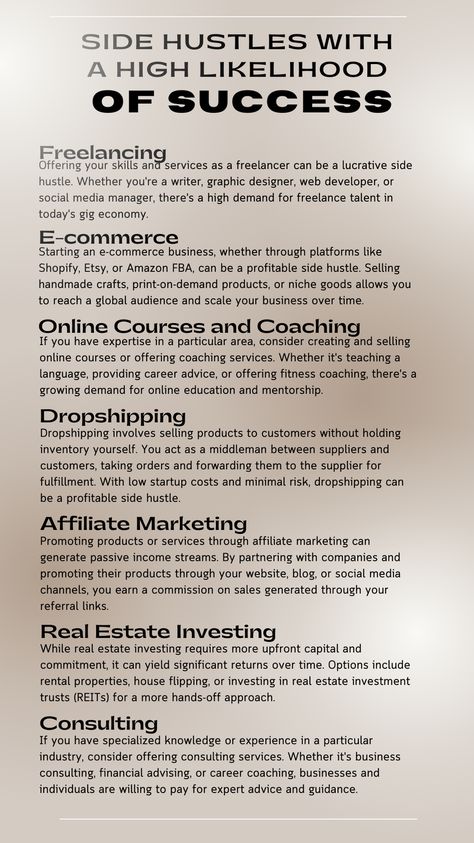 The key to success in any side hustle is identifying your strengths, passions, and market demand, and then dedicating time and effort to grow your business. Experiment with different ideas, leverage your skills and network, and don't be afraid to pivot if necessary. With persistence and determination, your side hustle has the potential to thrive and become a lucrative source of income. #MyMoneyMindset Enterpreuner Ideas, Financial Literacy Lessons, Small Business Marketing Plan, Money Saving Methods, Entrepreneur Ideas, Startup Business Plan, Successful Business Tips, Business Ideas Entrepreneur, Small Business Plan