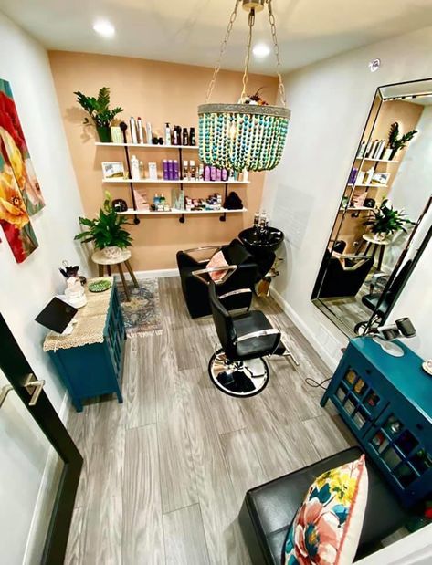 Tiny Hair Salon, Mini Salon Ideas Small Spaces, Garage Salon Ideas, Small Salon Suite, Salon Suite Ideas Layout, Small Salon Suite Ideas Layout, Tiny Salon Ideas, At Home Salon Ideas, Small Salon Suite Ideas