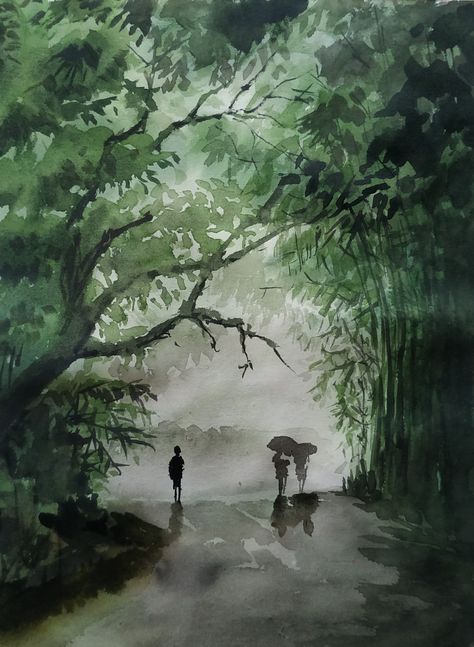 Forest Road Drawing, Rainy Forest Drawing, Rain Drawing Sketches Rainy Days, Rainy Day Sketch Drawing, Rainy Watercolor Painting, Monsoon Painting Rainy Days, Rainy Scenery Drawing, Rainy Day Drawing Watercolors, Rainy Forest Painting