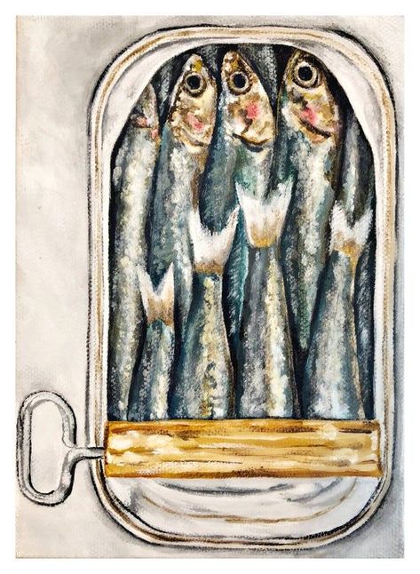 Sardine Art, Seafood Art, Sardine Tin, Kitchen Decor Christmas, Porch Canopy, Fish Wall Art, Art Ocean, Art Food, Fish Painting