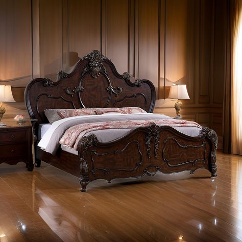 This queen-size bed with a dark cherry brown finish adds a touch of romantic charm to your bedroom. The solid wood frame ensures long-lasting durability, while the elegant carved details on the headboard and footboard create a captivating focal point. Dark Wood Bed Frame, Dark Wood Bed, Mahogany Bed, Vintage Bedroom Decor, Arched Headboard, Cherry Brown, Wood Bed Frame, Vintage Bedroom, Bedroom Retreat