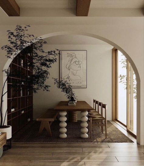 Minimal yet stunningly beautiful dining area with natural light and arched entry way #dining #japandi #arch #beam #diningroomideas Interior Boho, Arch Interior, Home Decor Living Room, Dream House Interior, Decor Living Room, Dream House Decor, Ideas Home, Dining Room Design, Kitchen Home