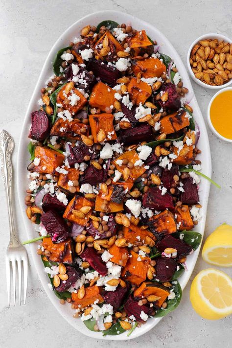 Roasted Beetroot & Pumpkin Salad – Goodness Avenue Pumpkin Beetroot Feta Salad, Cold Christmas Lunch Ideas, Pumpkin And Feta Salad, Roast Pumpkin Salad, Roasted Beetroot, Beetroot Recipes, Autumn Salad Recipes, Winter Salad Recipes, Pumpkin Salad