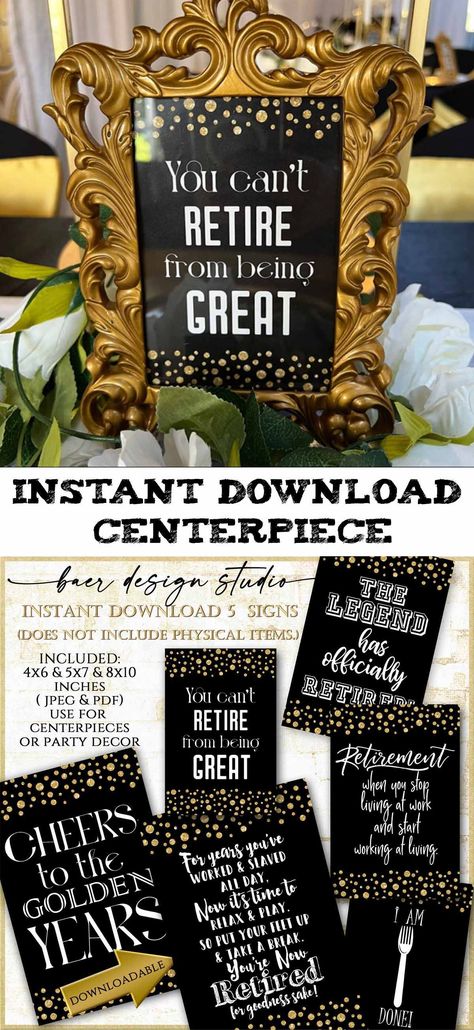 Centerpieces Black And Gold, Black And Gold Retirement Party, Retirement Party Centerpieces, Mini Wine Bottle Favors, Printable Design Paper, Military Retirement Parties, Retirement Party Themes, Digital Quotes, Guest Table Centerpieces