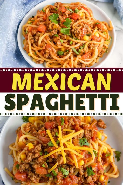 This easy one-pot Mexican spaghetti is bound to be a hit! With ground beef, diced tomatoes, veggies, corn, tomato sauce, and cheese, it's a true fiesta. Mexican Spaghetti Recipes, Enchilada Spaghetti, Ground Beef Diced Tomatoes, Spaghetti Tomato Sauce, Healthy Mexican Casserole, Mexican Spaghetti, Easy Pasta Dinner Recipes, Mexican Pasta, One Pot Spaghetti