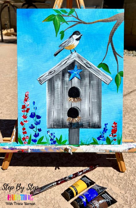 Summer Birdhouse Acrylic Painting Tutorial For Beginners Bird Painting Acrylic, Beginners Painting, Acrylic Painting Ideas, Canvas Painting Tutorials, Canvas Painting Designs, Canvas Painting Diy, Spring Painting, Acrylic Painting Tutorials, Canvas Easy