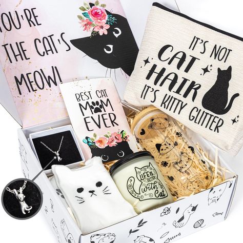 PRICES MAY VARY. 😺Best Cat Lover Gifts for Women: Looking to unleash the purr-fect gifts for cat lovers for women? Our unique cat themed stuff that will have any cat person purring with delight! Surprise your feline-obsessed friends and family members with something special cat gifts. ⭐7PCS High-quality Cat Mom Gifts: The black cat gifts includes a can glass, soy wax candle, makeup bag, silver cat necklace, soft socks, greeting card, and cute gift box. Each item has unique and adorable cat desi Cat Gift Basket, Mom Gifts Box, Cat Necklace Silver, Gifts For Cat Lovers, Cat Coasters, Cat Themed Gifts, Cat Mom Gifts, Cute Gift Boxes, Cat Themed