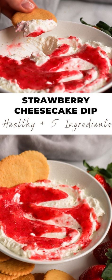 This easy 5 ingredient Strawberry Cheesecake Dip has a healthy spin-off made with Greek yogurt and is absolutely delish! #strawberry #cheesecake dip #healthy dessert Greek Yogurt Dessert Dip, Healthy Dessert Recipes Low Calorie, Greek Yogurt Dip Recipes, Dessert Recipes Easy Quick, Healthier Deserts, Probiotic Recipes, Strawberry Cheesecake Dip, Cholesterol Friendly Recipes, Greek Yogurt Dessert