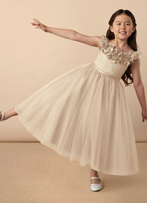 Demetra is our adorable flower girl dress cut from tulle, lace, and matte satin. She features a tulle A-line skirt, a matte satin belt, and a bow. Tan Flower Girl Dress, Champagne Flower Girl Dresses, Cream Flower Girl Dress, Gold Flower Girl Dress, Champagne Flower Girl Dress, Homecoming 2024, Girls Gold Dress, Champagne Flower Girl, Flower Girl Dresses Champagne