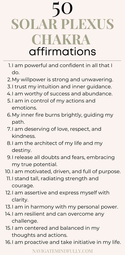 solar plexus chakra affirmations Chakra Quotes Spirituality Affirmations, Powerful Woman Affirmation, Affirmations For Chakras, Personal Power Affirmations, Powerful I Am Affirmations, Solar Plexus Affirmations, Chakra Affirmations Mantra, Solar Plexus Chakra Affirmation, Mantras For Meditation