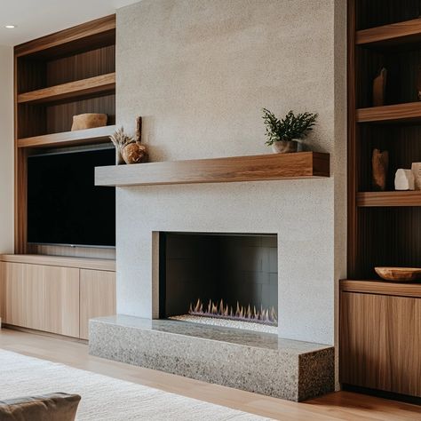 Floating Wood Mantle Fireplace, Fireplace Inspo Living Room, Uncentered Fireplace, Fireplace Floating Mantle, Tv Beside Fireplace Ideas, Modern Fireplaces Ideas, Off Center Fireplace With Tv, Fireplace With Bench Seating, Japandi Fireplace