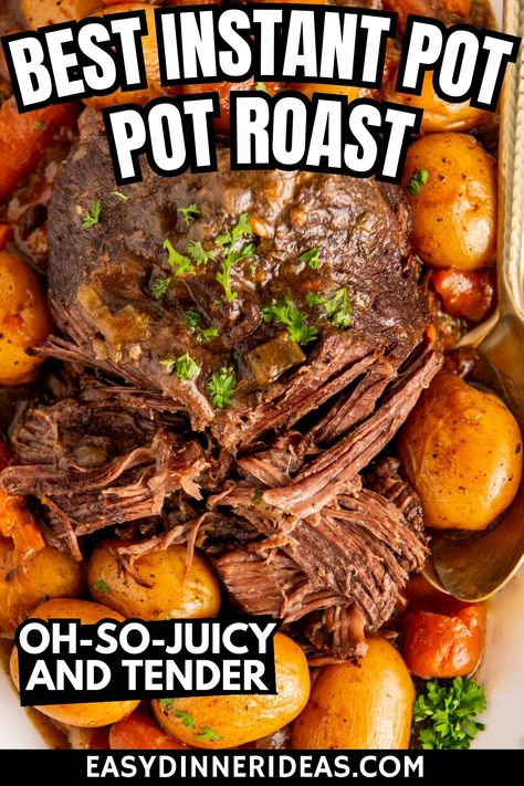 Our family's favorite instant pot pot roast is an easy and delicious one-pot meal. With tender beef, potatoes and carrots in a thick, savory beef gravy, this hearty instant pot roast recipe is ready in a fraction of the time! Recipe For Pot Roast, Pressure Cooker Roast, Instant Pot Roast, Pressure Cooker Pot Roast, Oven Beef Stew, Tender Roast Beef, Instant Pot Pot Roast, Chuck Roast Recipes, Beef Tenderloin Roast