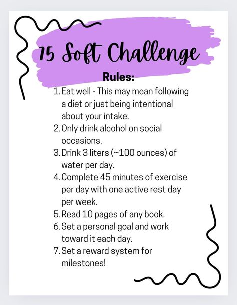 This tracker follows a more gentle version of the 75 Hard Challenge. This downloadable file contains the rules for the 75 Soft Challenge along with a daily tracker that is split up into weeks. The last page features an area to record your personal goal along with space to set up a reward system as you crush milestones! Bullet Journal 75 Hard, 75 Soft Challenge Rules, Soft 75 Challenge, 75 Hard Challenge Rules, 75 Hard Challenge Tracker, 75 Challenge, 75 Soft Challenge, Soft Challenge, 75 Hard Challenge